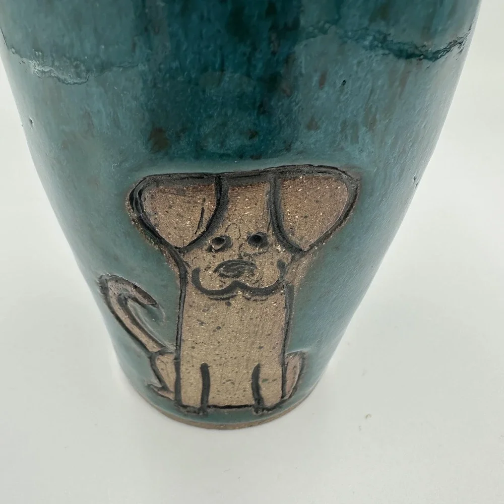 Handmade Pottery Vase Tootbrush Holder Teal Blue Dog Accent‎ Signed K. Mosby